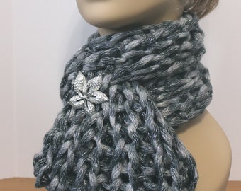 Hand Knit Cowl - Shades of Gray and Black with a silver metallic thread