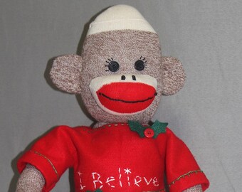 Handmade Sock Monkey dressed for Christmas decorating...FREE shipping in U.S.