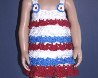 Crochet red, white and blue dress with layers of ruffles to fit an approximate 18 month to 2 year old toddler