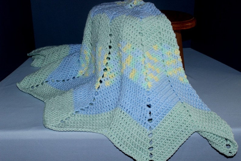 Crochet Round Ripple Baby Blanket with baby blue and mint green with variegated colors of green, blue, and yellow image 2