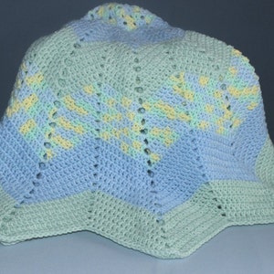 Crochet Round Ripple Baby Blanket with baby blue and mint green with variegated colors of green, blue, and yellow image 5