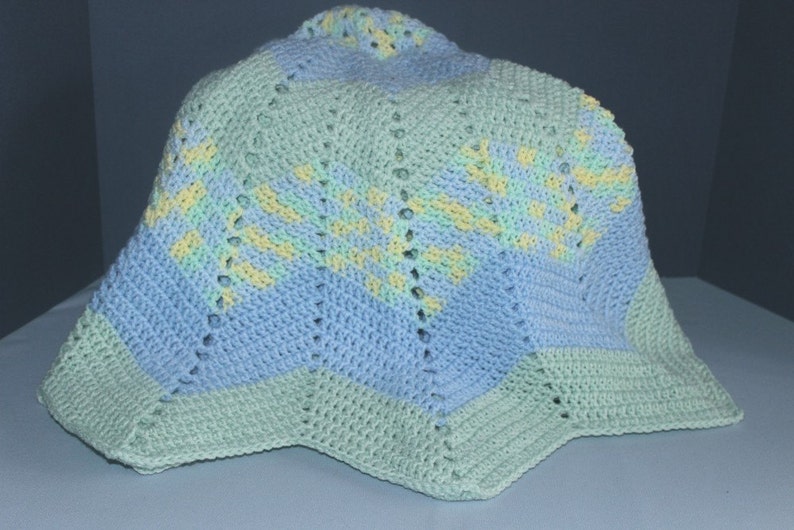 Crochet Round Ripple Baby Blanket with baby blue and mint green with variegated colors of green, blue, and yellow image 5