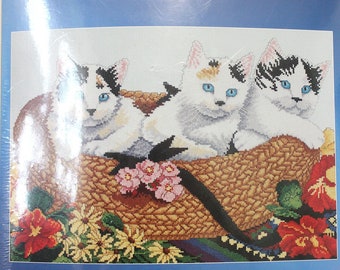 Counted Cross stitch embroidery kit for three kittens in a basket - DESTASH