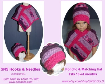 Crocheted Toddler Poncho & Matching Hat in shades of purple and pink