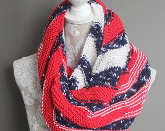 Hand knit Americana Cowl, Patriotic colors of Red, White & Blue
