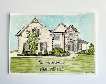 Watercolor Home Portrait with Calligraphy Address or Name