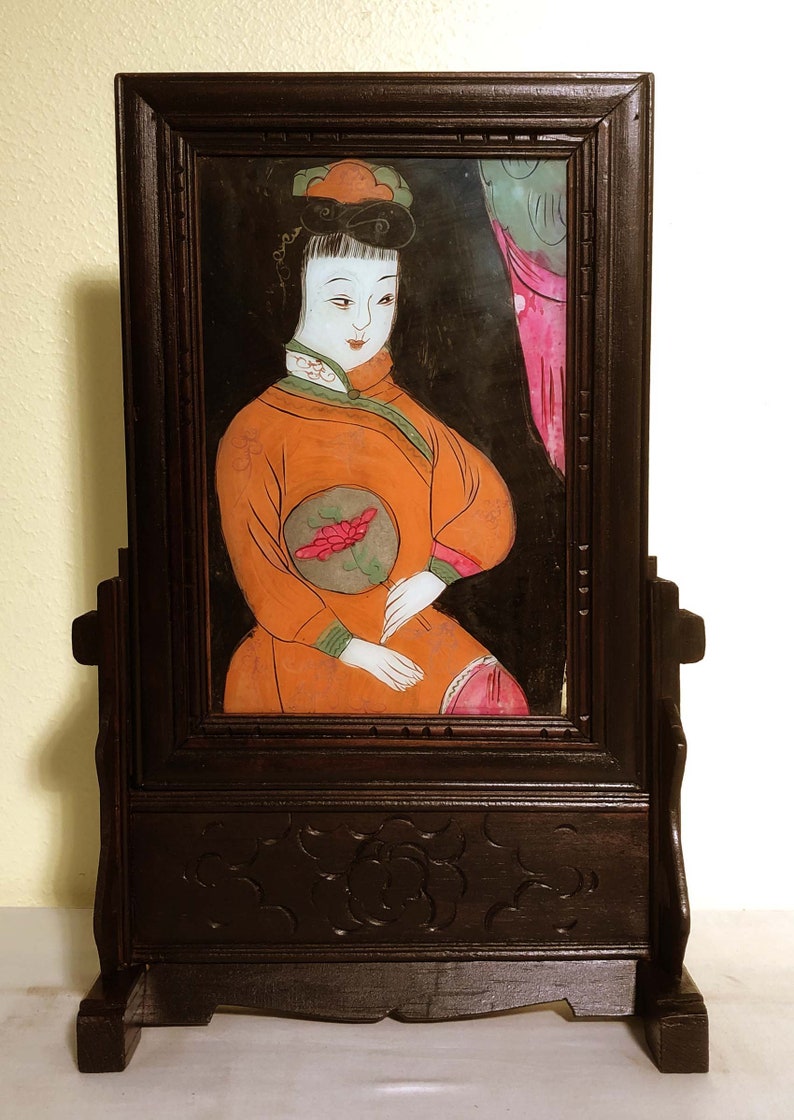 Antique Chinese Reverse Painting on Glass With Stand 2925 Etsy