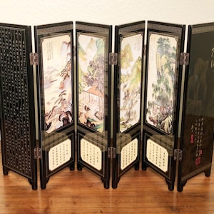 Vintage Chinese Black Lacquer Hand Painted Table Folding Screen (3504)