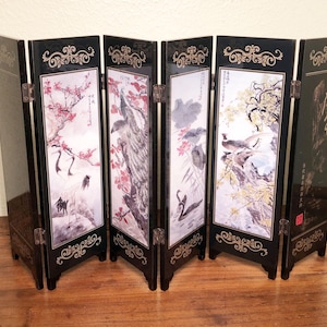 Vintage Chinese Black Lacquer Hand Painted Table Folding Screen (3505); We Offer Layaway Plan