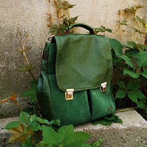 Green Leather Backpack Purse 2in1, Convertible Shoulder Tote Bag, Handmade Genuine Leather Rucksack, Small Batch Polish Craf
