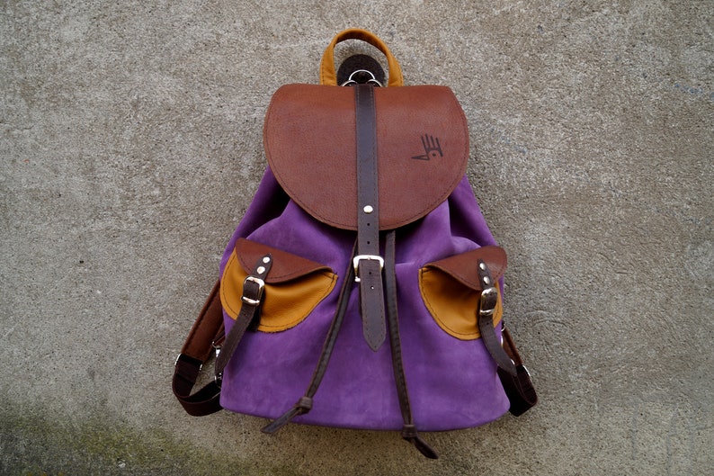 Suede leather backpack CYCYLIA lilac brown yellow