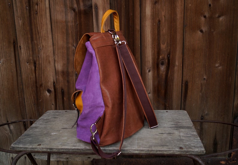 Suede leather backpack CYCYLIA lilac brown yellow
