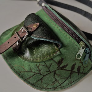 WAIST leather BAG shades of green birds on the branch fanny pack ready to go image 1