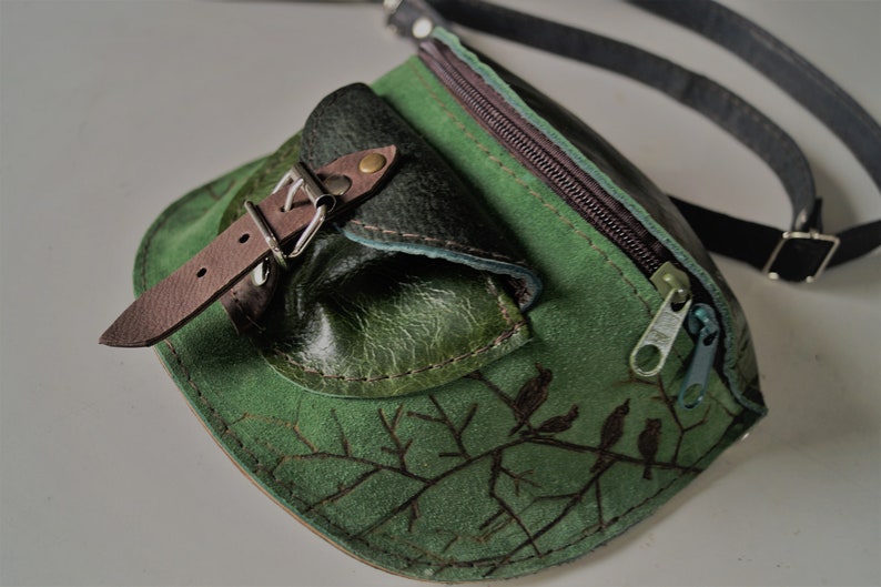 WAIST leather BAG shades of green birds on the branch fanny pack ready to go image 1