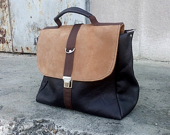 SATCHEL BRIEFCASE dark chocolate brown leather/beige suede