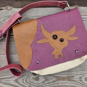 Cow Motif Leather Crossbody Bag, Whimsical Shoulder Purse, Polish Craft, Pink Toffee Cream