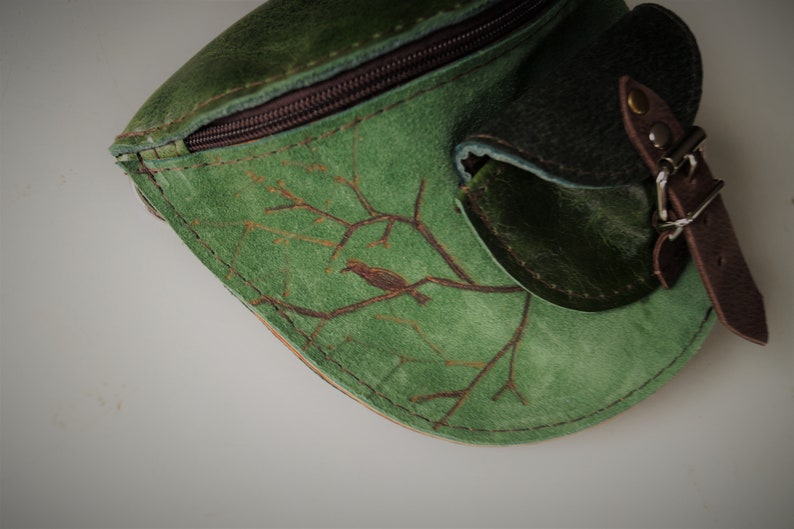 WAIST leather BAG shades of green birds on the branch fanny pack ready to go image 3