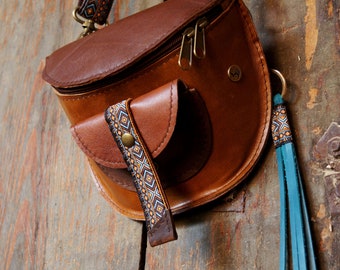 WAIST  leather  BAG  caramel turquoise fringe ETHNO aztec fanny pack