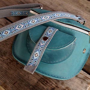 WAIST  leather  BAG  turquoise blue ETHNO aztec fanny pack