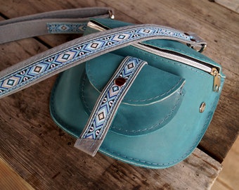 WAIST  leather  BAG  turquoise blue ETHNO aztec fanny pack