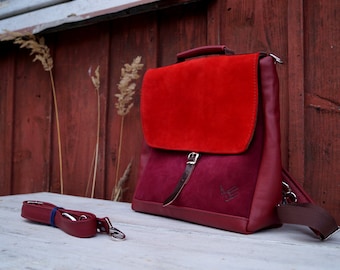 Backpack / Satchel red wine leather suede