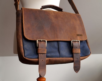 Leather Briefcase Crazy Horse Unisex Laptop A4 Blue and Brown