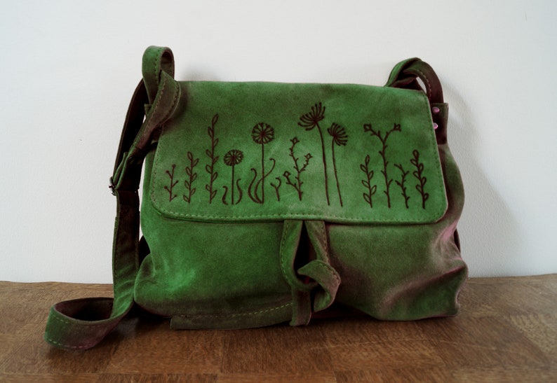 BARONESSA leather bag grass green suede MEADOW flowers image 1
