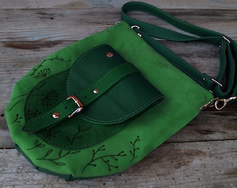 WHISPER bag, Natural Green Leather suede shoulder bag crossbody bag