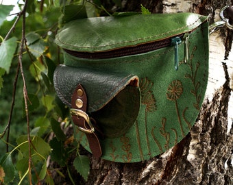 WAIST  leather  BAG  shades of green flower meadow fanny pack ready to go