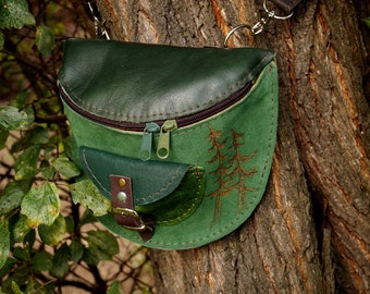 WAIST  leather  BAG  shades of green forest fanny pack ready to go