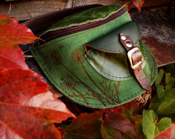 Waist BAG green leather dandelions fanny pack READY to GO