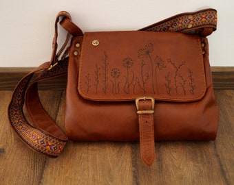 BARONESSA crossbody bag whisky natural leather MEADOW flowers AZTEC strap