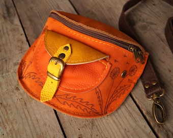 WAIST BAG natural leather orange yellow shades dandelions fanny pack