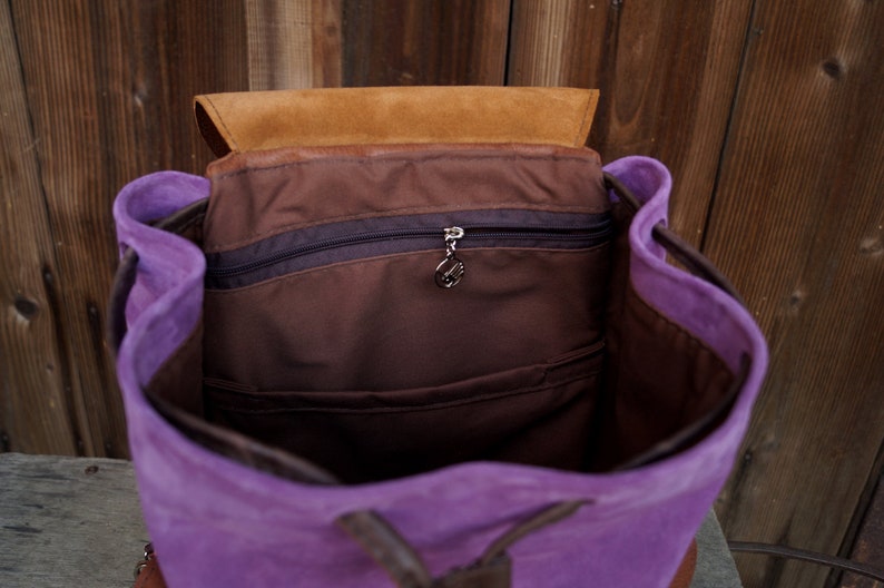 Suede leather backpack CYCYLIA lilac brown yellow