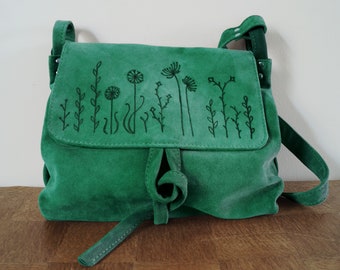 BARONESSA leather bag  cold green suede MEADOW flowers