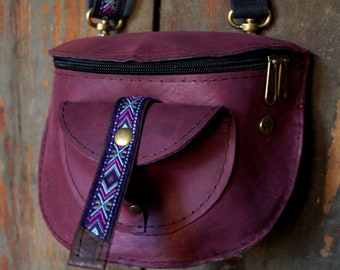 WAIST  leather  BAG  red wine dark red ETHNO aztec fanny pack
