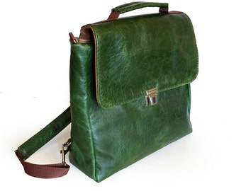 Satchel/ Backpack green pull up leather