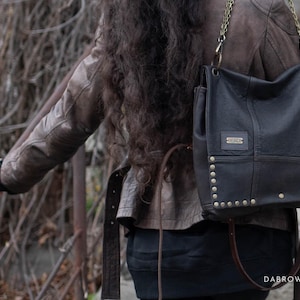 Dark Brown Leather Tote Bag Zero Waste, Punk Rock Crossbody, Upcycled Genuine Leather Handbag, Small Batch Polish Craft, Edgy Laptop Bag