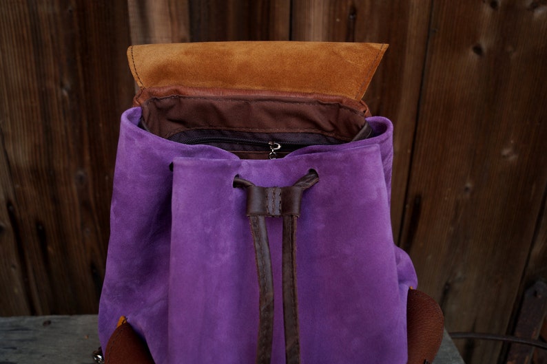 Suede leather backpack CYCYLIA lilac brown yellow