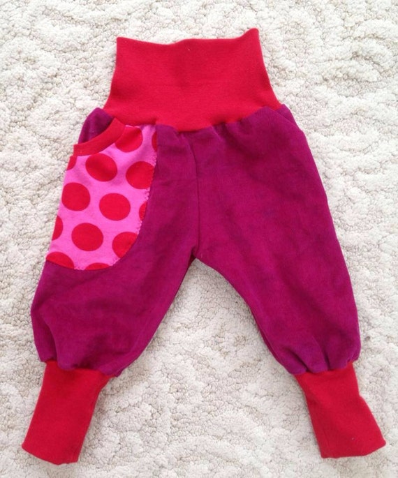 Handmade pink corduroy pants with big polka dot pocket, size 3-6 months,  Euro Size 62