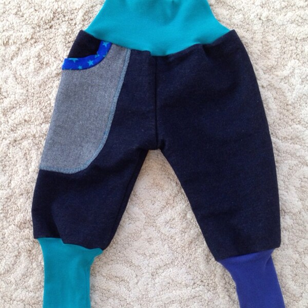 Size 18mo/Euro 80, Handmade Denim pants with big pocket and jersey cuffs
