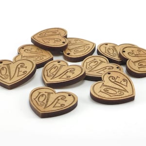 Wedding, Engagement Heart Tags Engraved with Love, Heart Charms, Wood Pendants