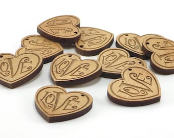 Wedding, Engagement Heart Tags Engraved with Love, Heart Charms, Wood Pendants