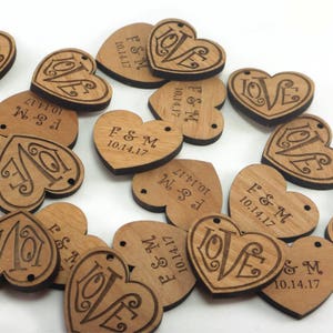 Personalized Wedding Tags, Heart Engagement Favors, Save the Date Custom Wood Love Charms
