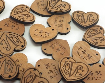 Personalized Wedding Tags, Heart Engagement Favors, Save the Date Custom Wood Love Charms