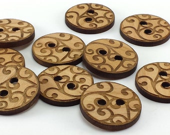 Swirl Buttons, Engraved Round Wood Buttons, 1 Inch Handmade Buttons, 25 mm Spiral Buttons