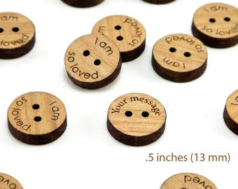 Personalized .5 Inch Wood Round Buttons, 1/2 inch Custom Buttons, 2 holes, 13mm, Flat Buttons