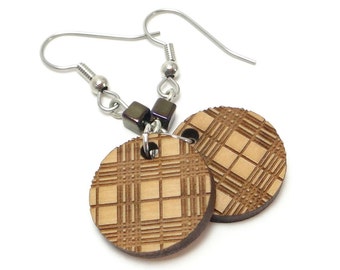 Plaid Wood Earrings, Brown Plaid Round Disc Earrings