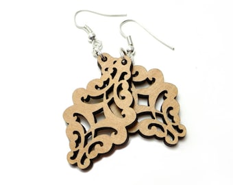 Laser Cut Filigree Wood Dangle Earrings