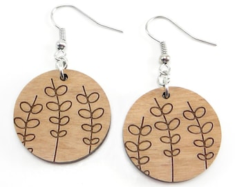 Minimalist Leaf Wood Engraved Earring, Line Art Earring,  Round, Charm Disc Earring